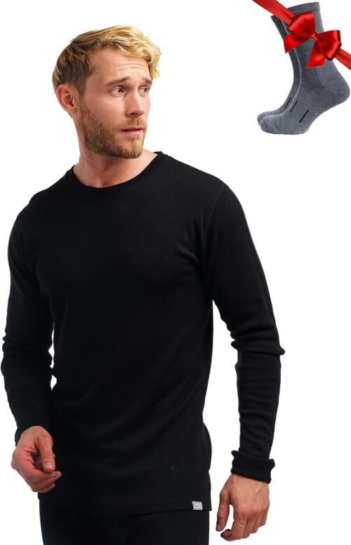 100% Merino Underwear Men’s Merino Long-Sleeved Shirt Breathable and Moisture Wicking + Wool Socks