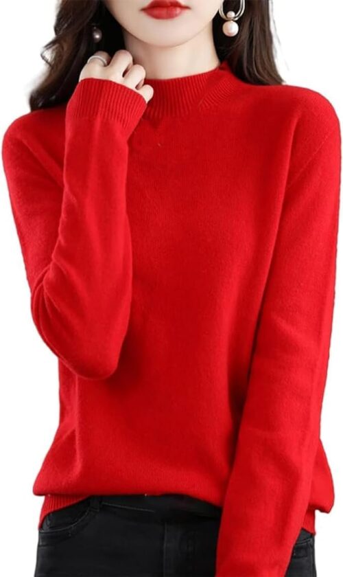 Cashmere Sweater for Women 100% Cashmere Long Sleeve Crew Neck Soft Warm Knitted Jumper Red