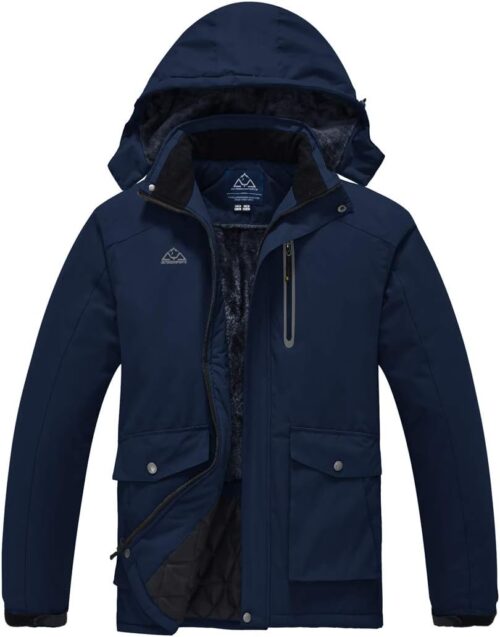 Men’s Ski Jacket Warm Lined Fleece Jacket Winter Jacket Thickened Wind Jacket Men Hiking Jacket Softshell Jacket Outdoor Functional Jacket with Removable Hood, navy