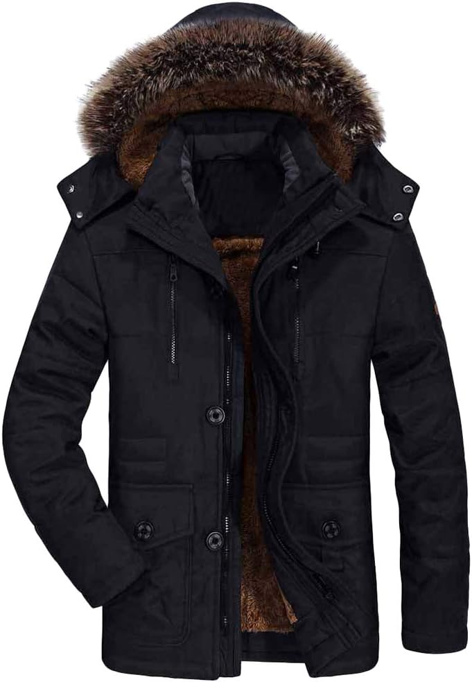 FTCayanz Men's Warm Winter Jacket Parka Long Winter Coat with Faux Fur Hood Outdoor Lined Quilted Jacket