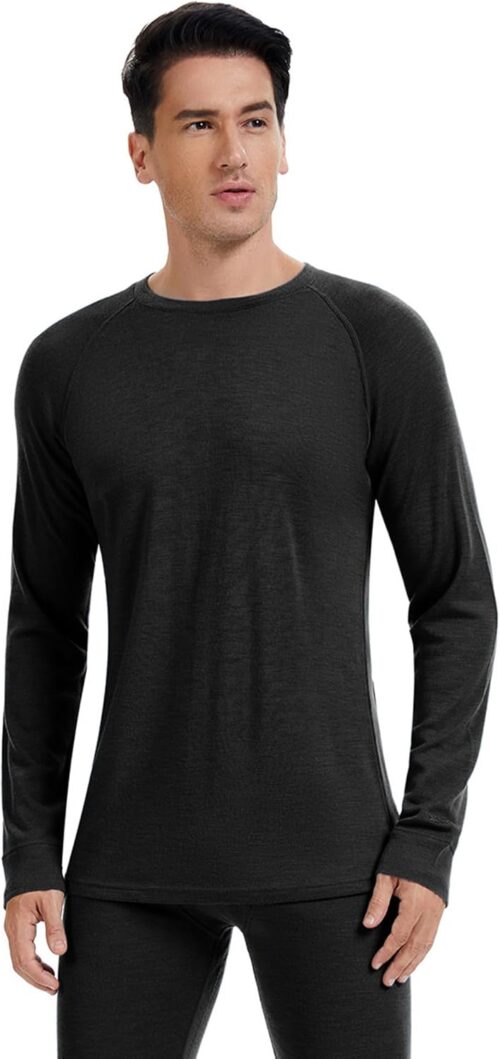 Men’s Thermal Top, 100% Merino Wool, Warm & Breathable Long Sleeve Shirt, Base Layer for Winter and Outdoor Use