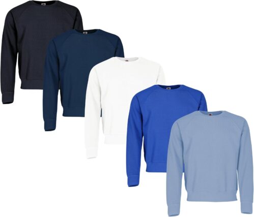 Fruit of the Loom Pack of 5 Classic Raglan Sweat Sweatshirt + Web-Textilien24 Fabric Bag – S M L XL XXL 3XL 4XL – Various Colour Sets
