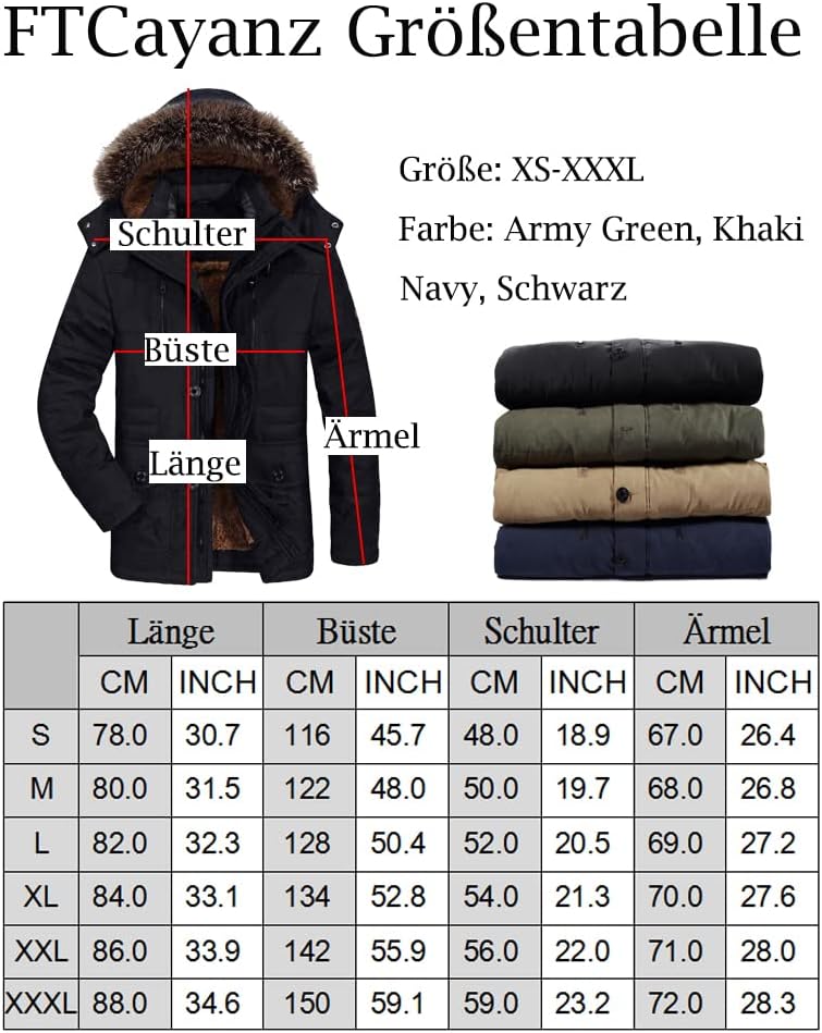 FTCayanz Men's Warm Winter Jacket Parka Long Winter Coat with Faux Fur Hood Outdoor Lined Quilted Jacket – Bild 4