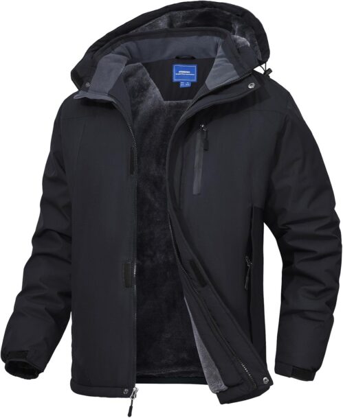 Men’s Winter Jacket Waterproof Softshell Jacket Warm Fleece Ski Jacket Windproof Winter Outdoor Jacket Men with Removable Hood