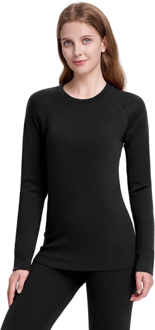 Women’s Thermal Underwear Top, 100% Merino Wool, Lightweight and Breathable Long Sleeve Shirt, Ideal for Ski, Outdoor and Winter