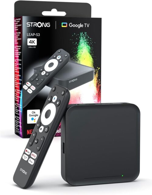 STRONG Leap-S3 4K UHD Google TV Streaming Box with Ethernet Port, 2GB RAM + 16GB Memory, Integrated Chromecast, WiFi, Google Voice Control, HDR10+, Dolby Atmos & Dolby Vision