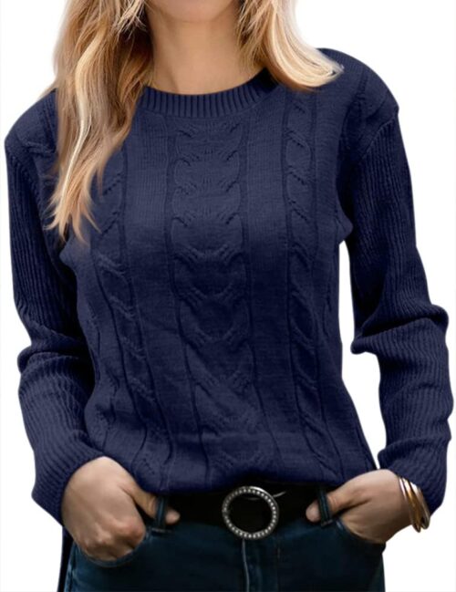Runcati Women’s Jumper, Casual, Plain, Long Sleeves, Cable Knit, Crew Neck, Soft, Elegant, Chunky