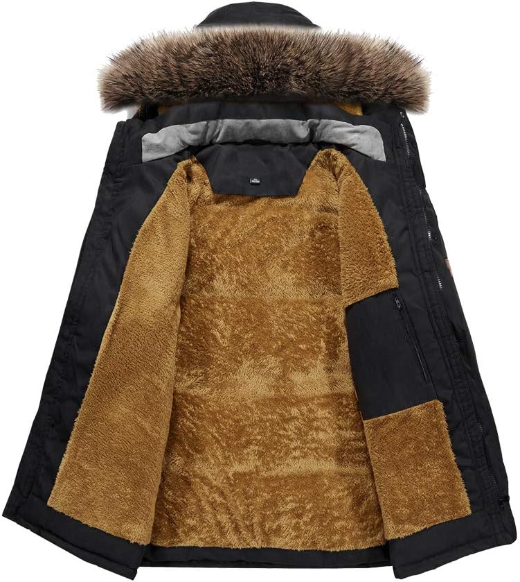 FTCayanz Men's Warm Winter Jacket Parka Long Winter Coat with Faux Fur Hood Outdoor Lined Quilted Jacket – Bild 3
