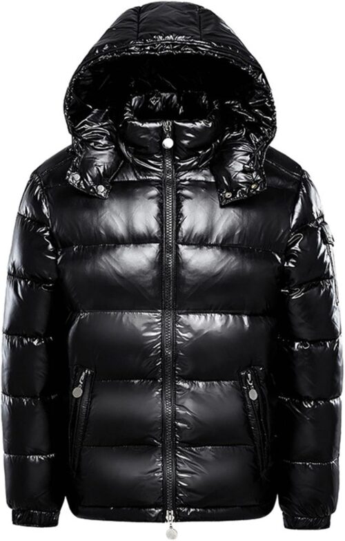 Generisch Down Jacket Men Women Shiny Quilted Jacket Warm Parka Coat with Hood Winter Snow Down Thick Jackets Metal Winter Jacket Black Long Sleeve Winter Coat with Zip