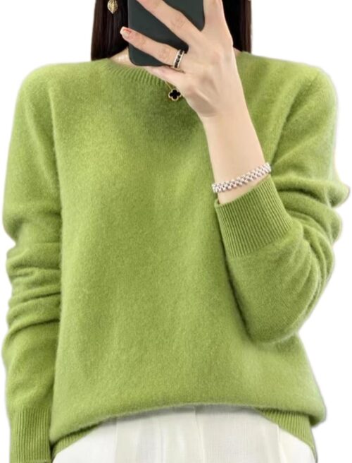 Women’s Cashmere Sweater, Soft Wool Tops with Long Sleeves and Stand-Up Collar, Plain Knitted Jumper