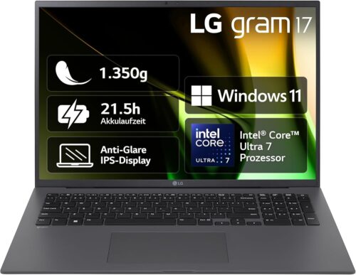 LG gram 17 Inch Notebook – 1350 g Intel Core Ultra7 Laptop (32GB RAM, 2TB Dual SSD, 21.5h Battery Life, IPS Panel Anti-Glare Display, Win 11 Home, 2024) – Grey