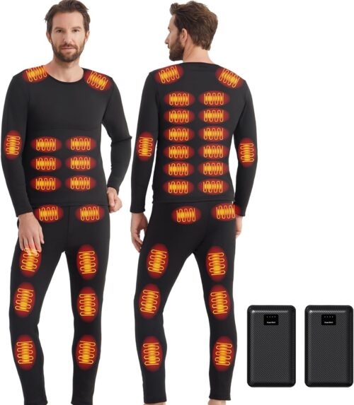 Heated Underwear Set with 2 Power Banks: 3 Heat Settings 42 Heating Zones Winter Men’s Heated Trousers and Top for Motorcycle Hunting Ski Winter Camping