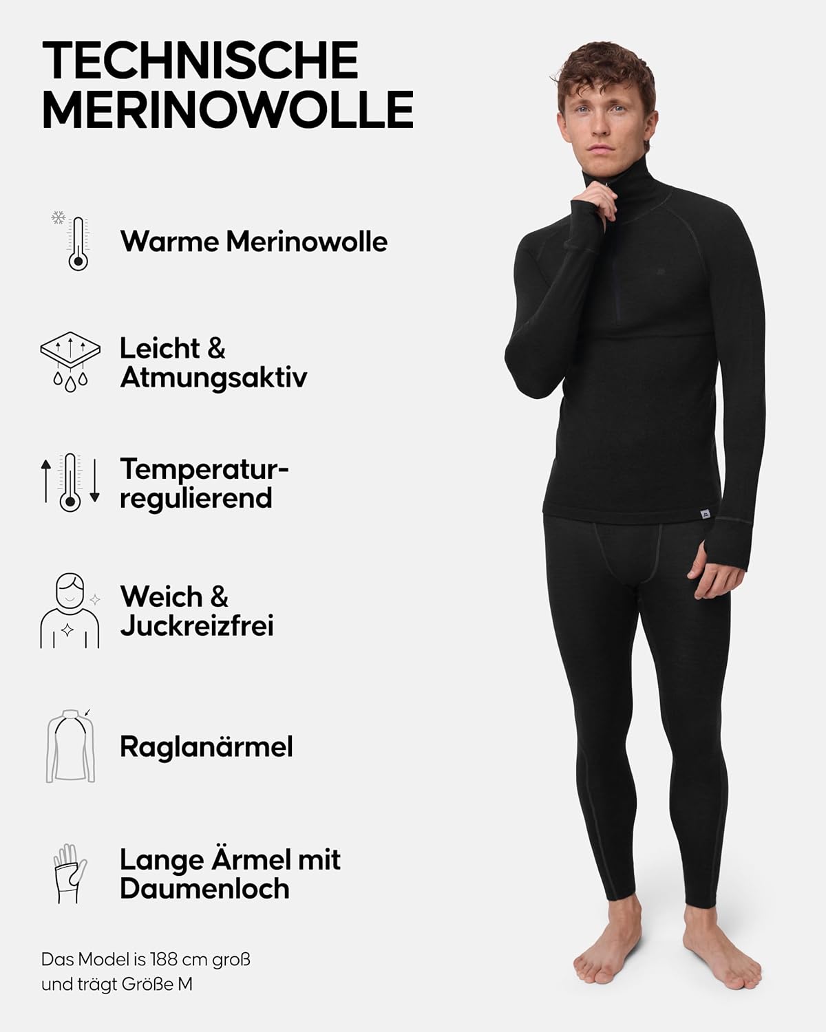 DANISH ENDURANCE Merino Men's Thermal Underwear with Zip, Premium Ski Underwear, Functional Underwear Set, Warm & Breathable, Merino Underwear Men – Bild 2