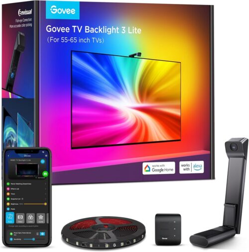 Govee TV Backlight 3 Lite with Fish-Eye Correction Function, Sync for 55-65 Inch TVs, 3.6 m RGBICW WiFi TV LED Strip with Camera, 4 Colours in 1 Lamp Bead, Voice & App Control