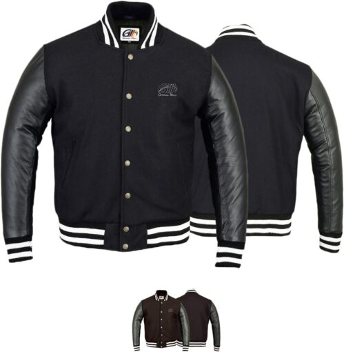 German Wear Premium Leather College Jacket – Vintage Varsity Biker Style with Wool Blouson & Leather Sleeves, Polyester Retro Design for Autumn and Winter