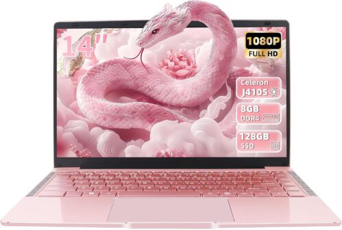 14 Inch Laptop Rose Gold, FHD Display, 4 Core Processor Celeron J4105, 8GB DDR4 RAM, 128GB SSD, Webcam, WiFi, USB 3.0 x2, Mini HDMI, Ultra Thin, Notebook for Beginners, German Keyboard Protector
