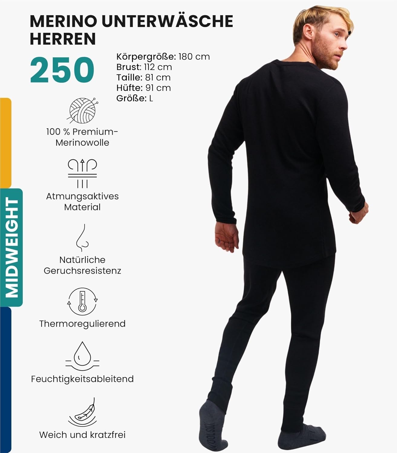 Merino.tech 100% Merino Underwear Men's Set – Lightweight, Midweight, Thermal Underwear Merino Wool, Long Sleeve Shirt and Trousers + Hiking Socks Made of Merino Wool – Bild 2