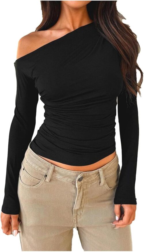 Long Sleeve Women’s Shirt Tops Women’s T-Shirt Oblique Collar Off Shoulder Long Sleeve Knitted Top Summer High End Spicy Designer Clothing