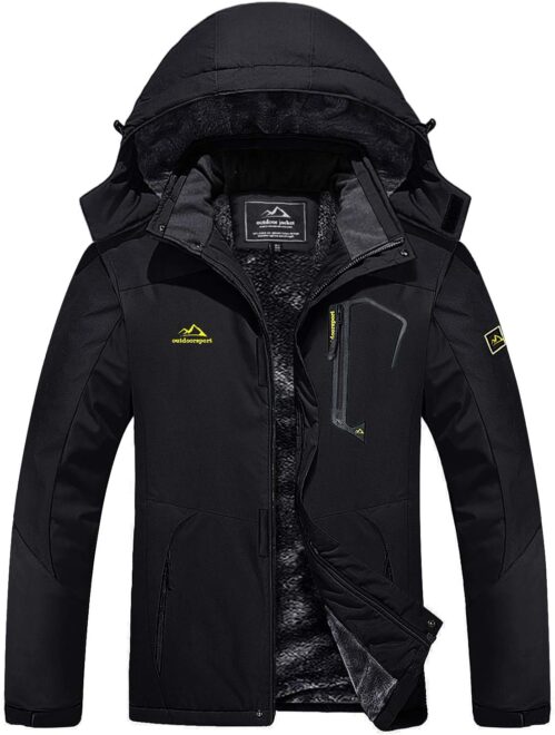 Magcomsen Men’s Winter Ski Jacket, Fleece-Lined Jacket, Outdoor, Thickened, Softshell Jacket, Waterproof, Windproof Jacket, Breathable Functional Jacket with Removable Hood