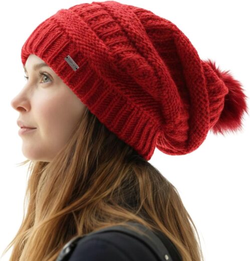 TOP-EX 100% Wool Hat for Women – Warm Winter Knitted Hat with Chic Bobble Satin Lining or Fleece Lined