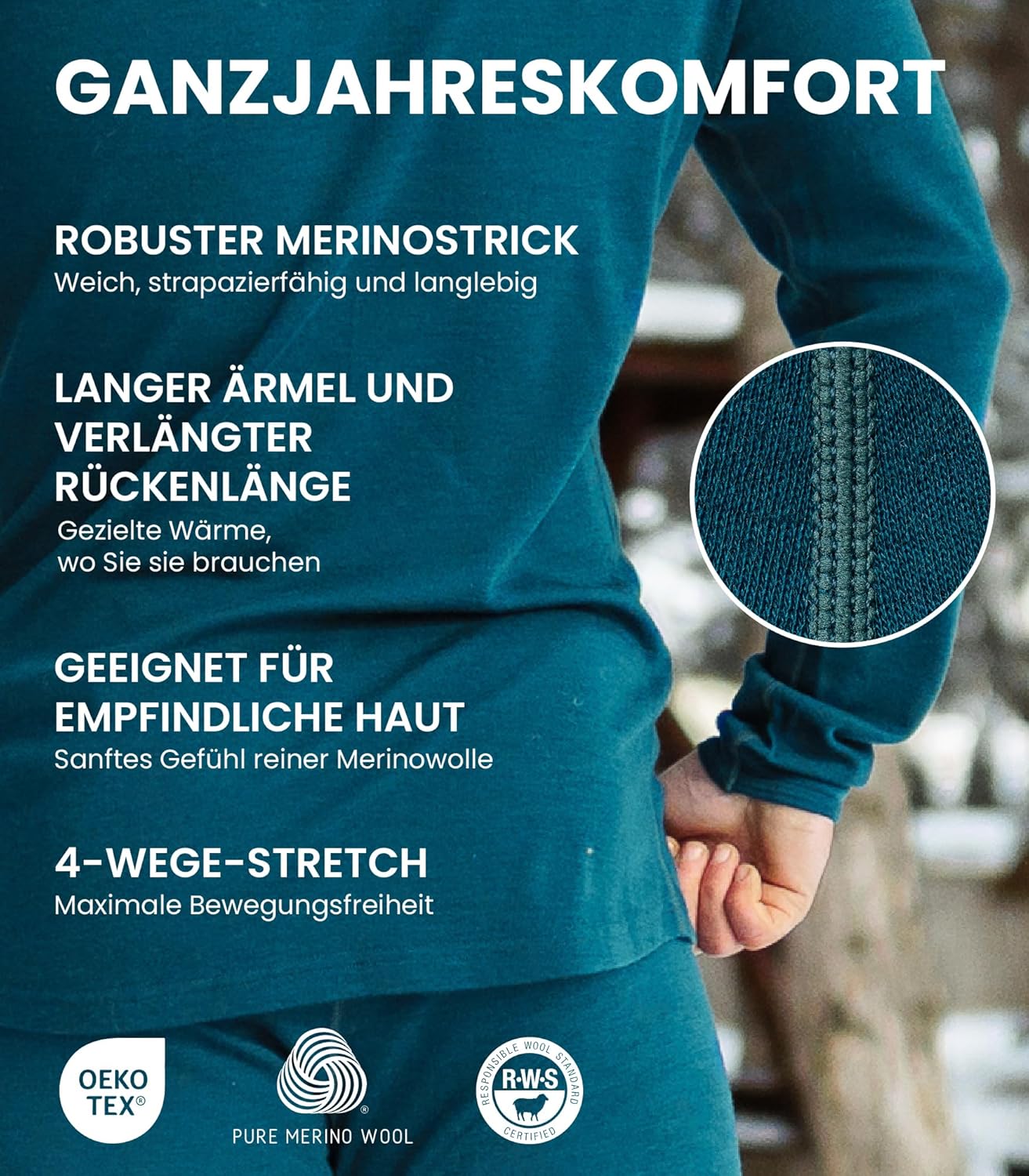 Merino.tech 100% Merino Underwear Men's Set – Lightweight, Midweight, Thermal Underwear Merino Wool, Long Sleeve Shirt and Trousers + Hiking Socks Made of Merino Wool – Bild 4