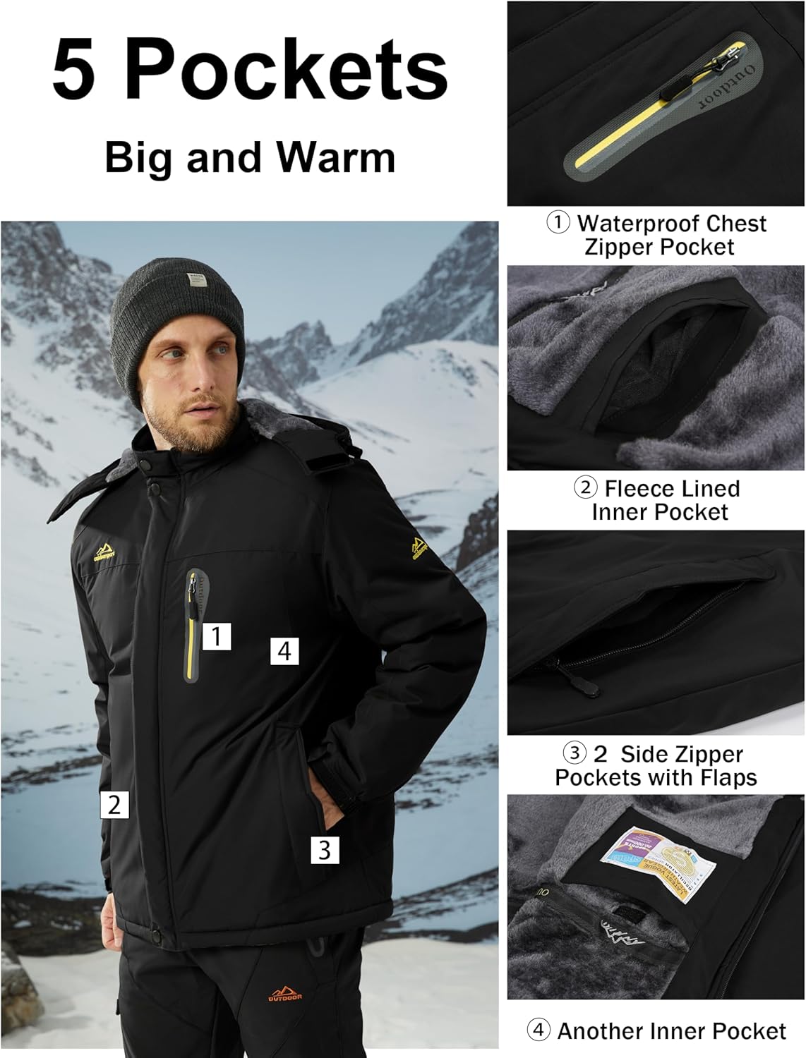MAGCOMSEN Men's Winter Fleece Jacket, Warm Lined Ski Jacket, Windproof Outdoor Jacket, Waterproof, Thickened, Functional, with Removable Hood, for Hiking, Camping – Bild 4