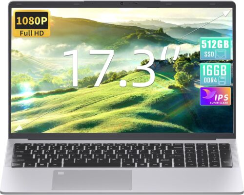 Celeron N5095 17.3 Inch Laptop, up to 2.9 GHz, 16 GB RAM, 512 GB SSD, FHD IPS, Fingerprint, Illuminated Keyboard, Mini HDMI, 3 x USB 3.0 (Silver, 16 + 512 GB)