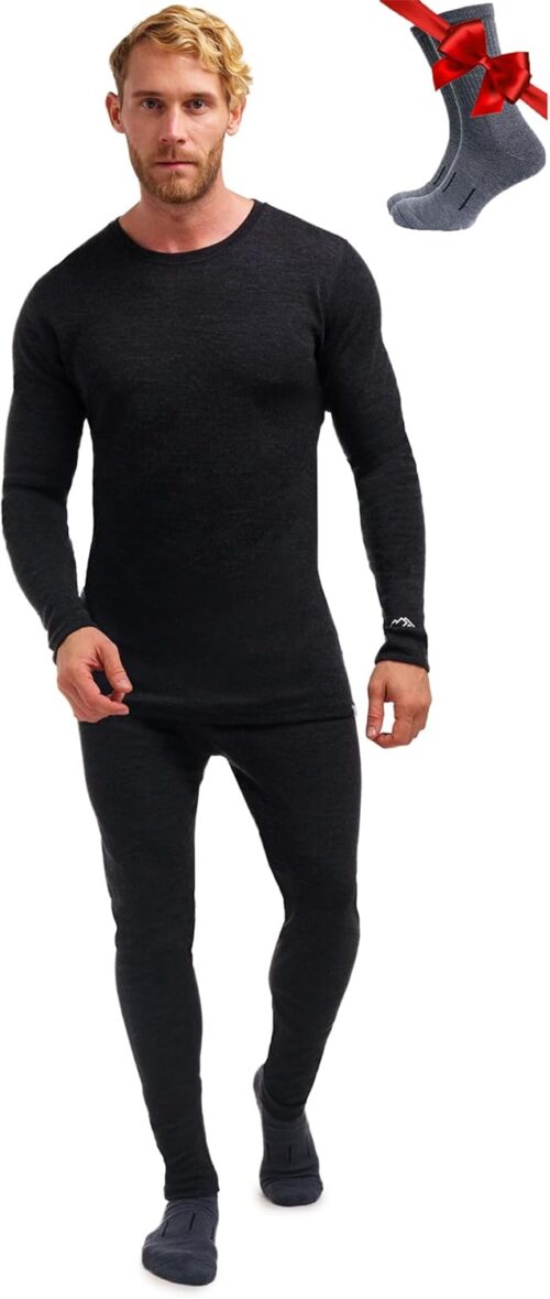 Merino.tech 100 % Merino-Unterwäsche-Set für Herren – leichte, mittelschwere Thermo-Unterwäsche aus Merinowolle, Langarmshirt und Hose + Wandersocken aus Merinowolle