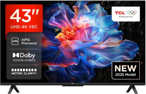 TCL 43V6C 43-Zoll-4K-UHD-Smart-TV – HDR10+, HVA-Panel, Dolby Vision, Google TV, HDMI 2.1, DVB-T2/C/S2, Bluetooth 5.2, Sprachsteuerung mit Alexa und Google Assistant